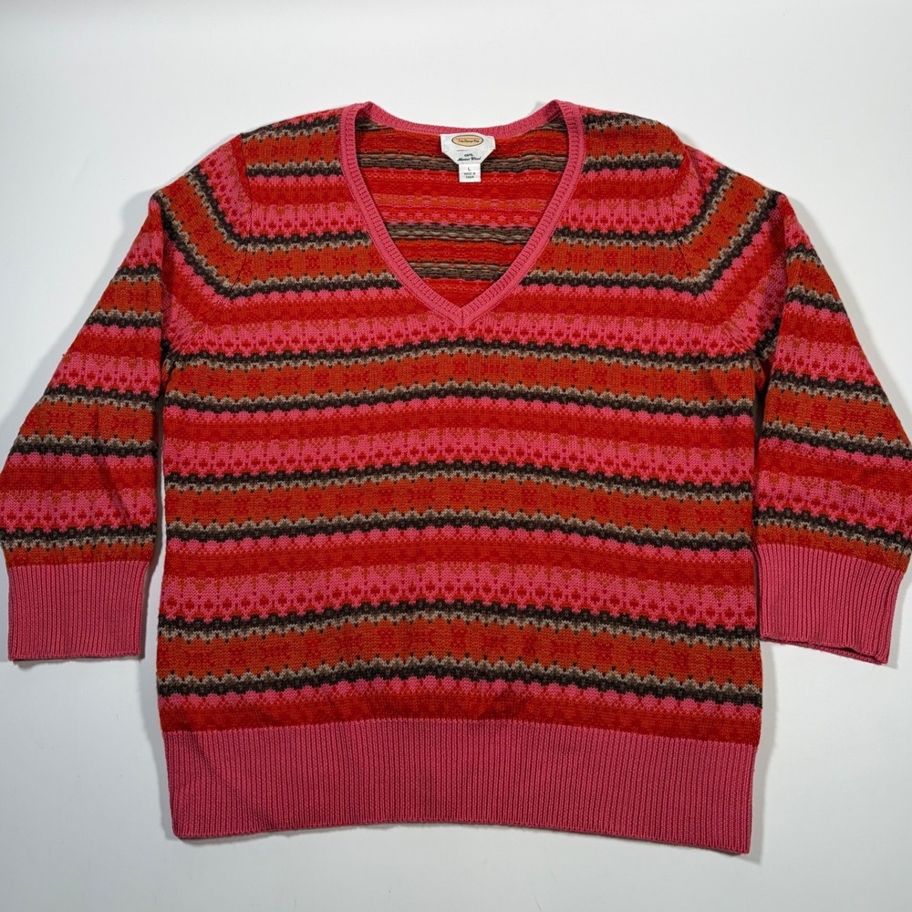 Talbots 100% Merino Wool Fair Isle V-Neck Sweater Pink Orange Boho L Y2K